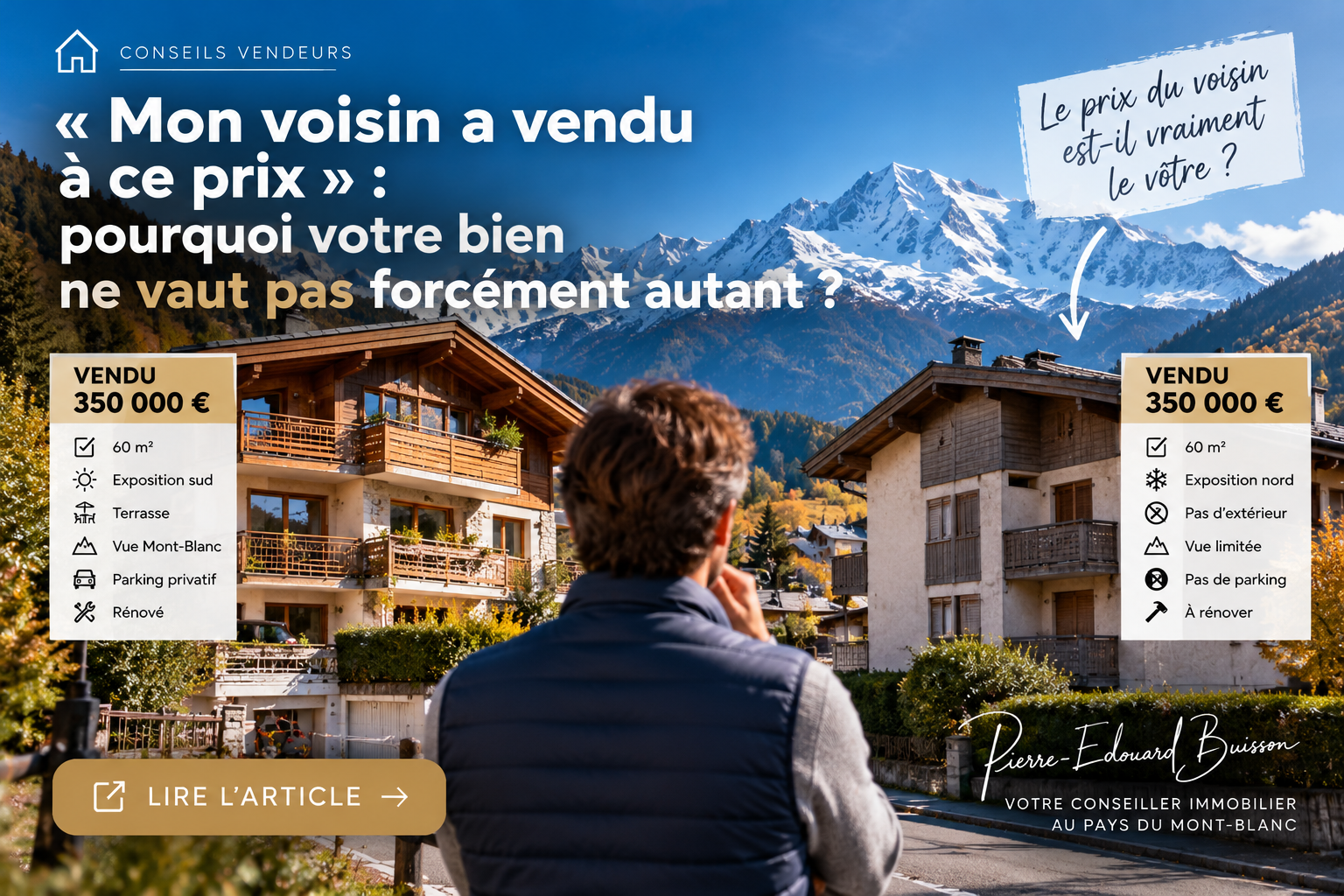 Illustration comparant deux appartements de montagne aux prestations différentes, pour expliquer les limites du prix du voisin
